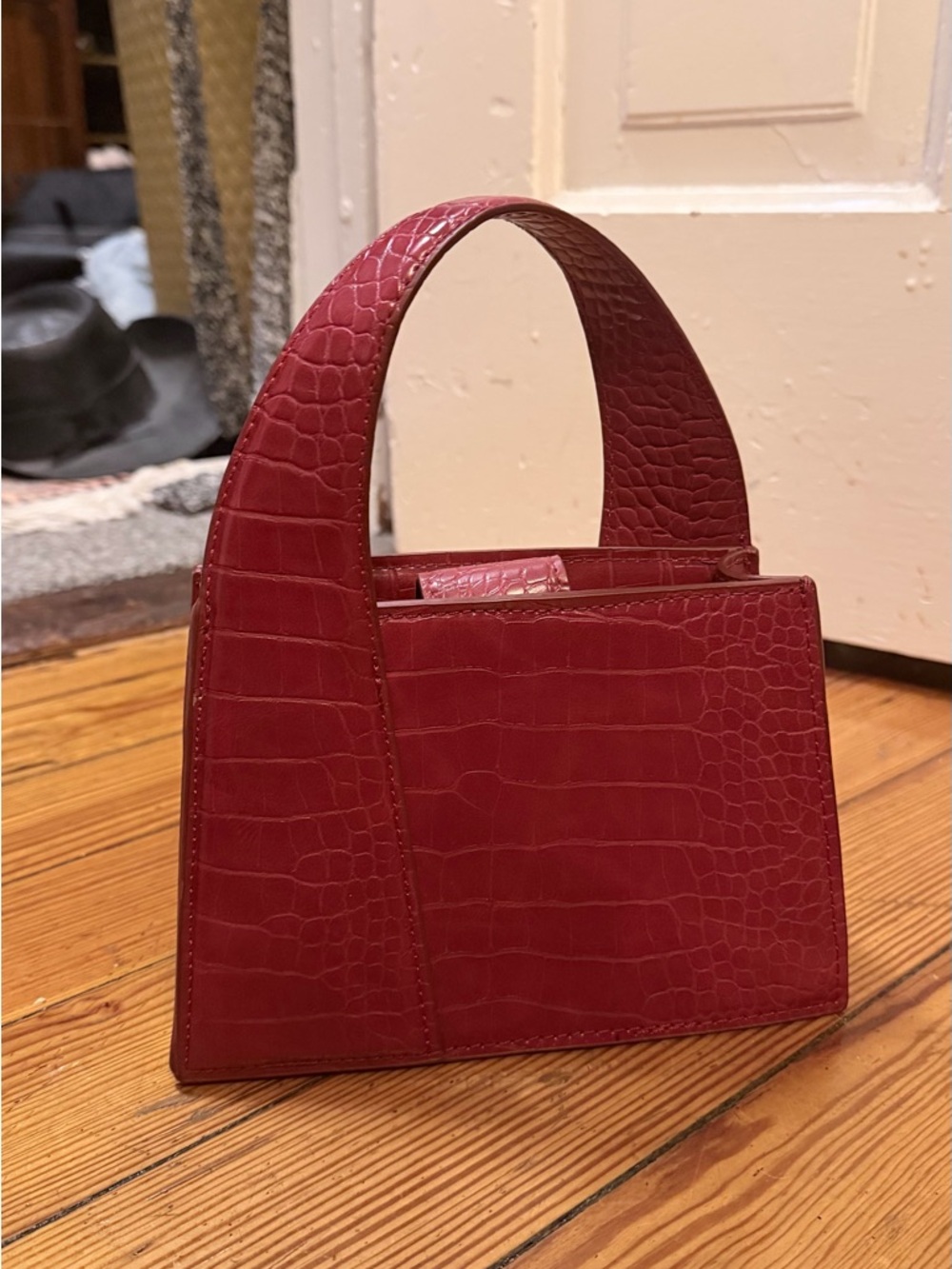 Zara Croc-Embossed Mini Top-Handle Bag in Deep Red